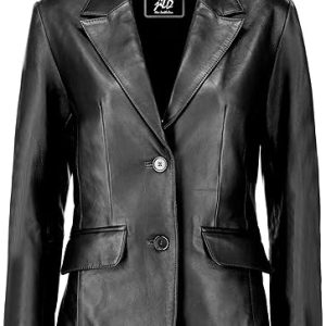 2-Button Lambskin Leather Blazer Women - Casual Coat Long Sleeves Suit Style Leather Jacket Women 