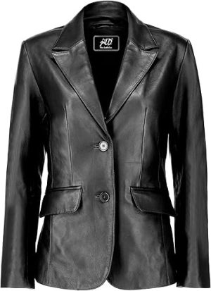 2-Button Lambskin Leather Blazer Women - Casual Coat Long Sleeves Suit Style Leather Jacket Women 