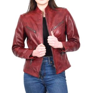 Women's Red Genuine Leather Biker Jacket